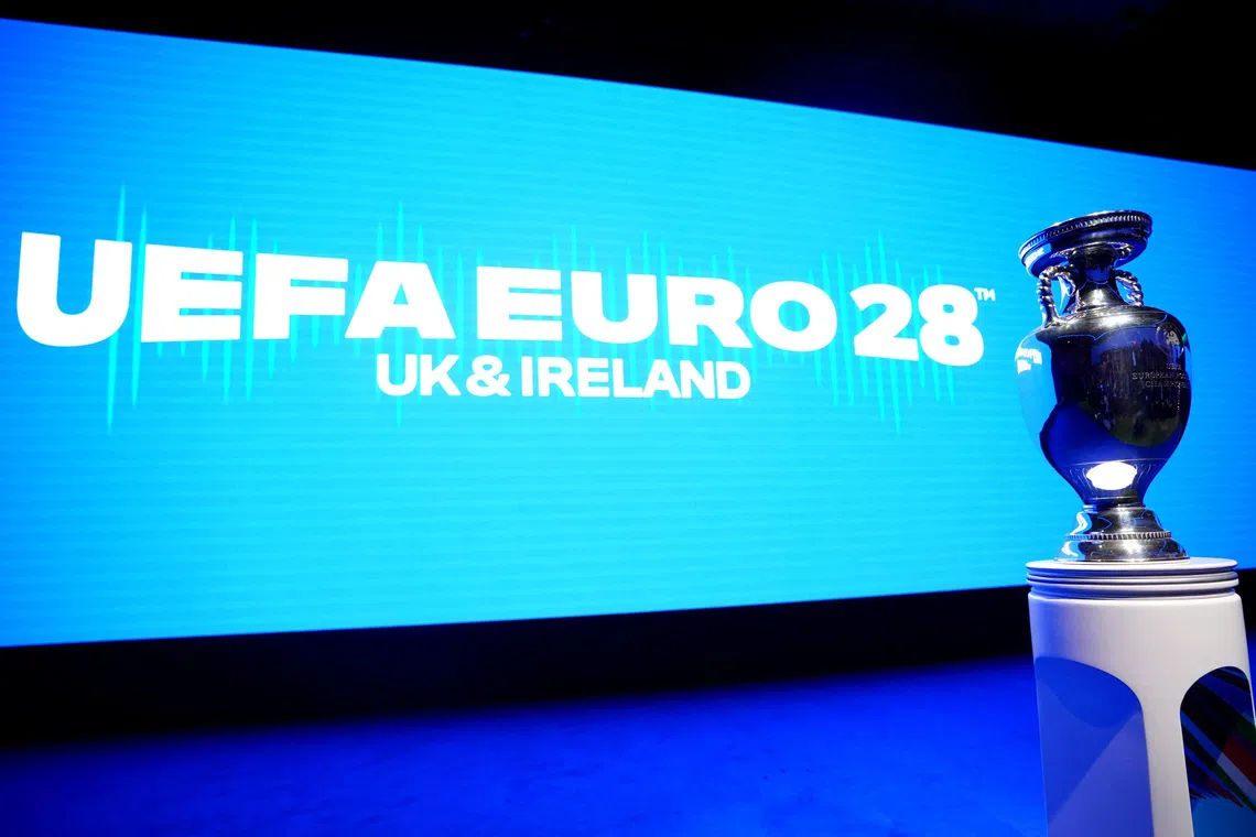 Soccer Football - UEFA Euro 2028 Launch Event - Below The Lights, London, Britain - November 12, 2025 Feneral view of the The EURO trophy: Henri Delaunay Cup during the UEFA EURO 2028 launch James Manning/Pool via REUTERS