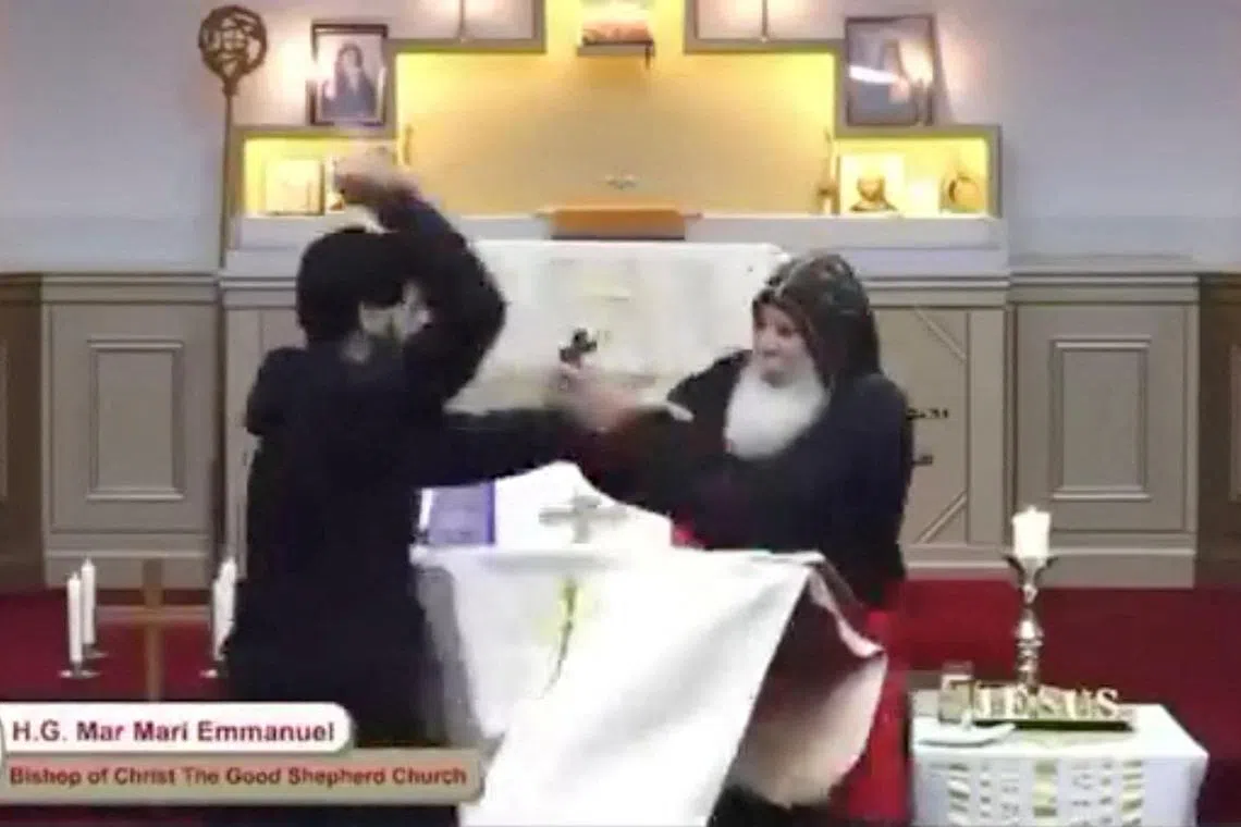 A man stabbing Bishop Mar Mari Emmanuel during a church service at Christ The Good Shepherd Church in Sydney on April 15. The bishop is recovering while the teenager has been arrested.   