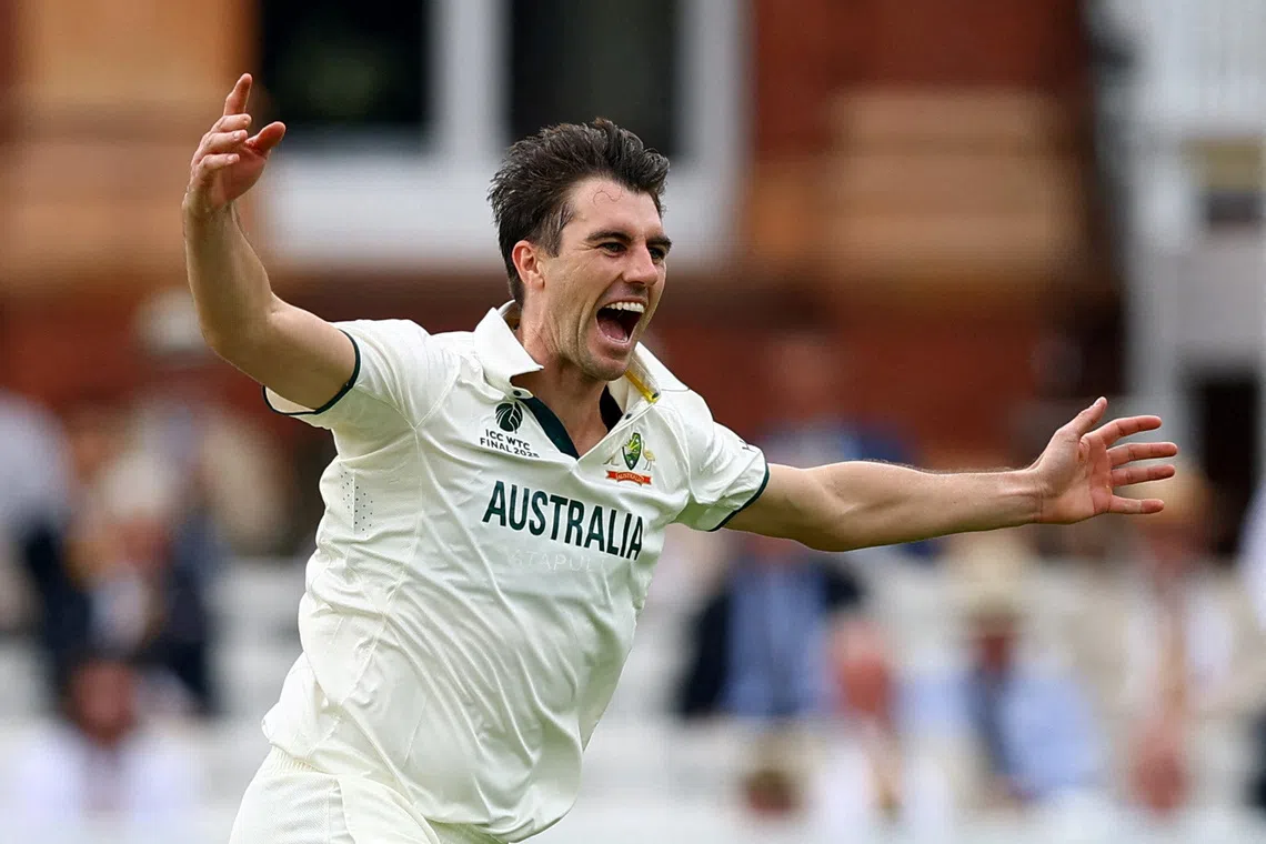 FILE PHOTO: Cricket - 2025 ICC World Test Championship Final - South Africa v Australia - Lord's Cricket Ground, London, Britain - June 12, 2025 Australia's Pat Cummins celebrates after taking the wicket of South Africa's Temba Bavuma, caught out by Marnus Labuschagne Action Images via Reuters/Andrew Boyers/File Photo