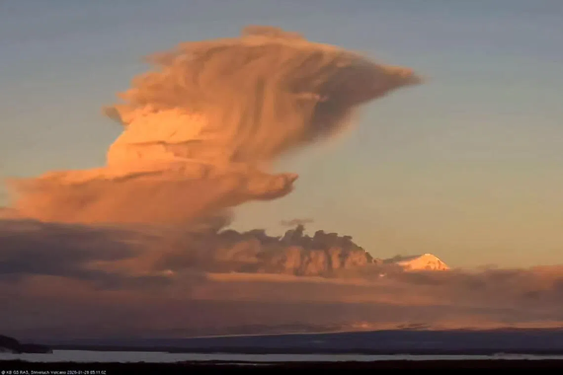 An ash plume from the Shiveluch volcano as seen from the settlement of Klyuchi in the far eastern Kamchatka peninsula in Russia.  
