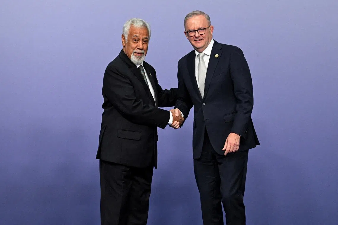 FILE PHOTO: Australia's Prime Minister Anthony Albanese greets the Prime Minister of Timor-Leste Xanana Gusmao at the ASEAN-Australia Special Summit, in Melbourne, Australia, March 5, 2024. REUTERS/Jaimi Joy/File Photo