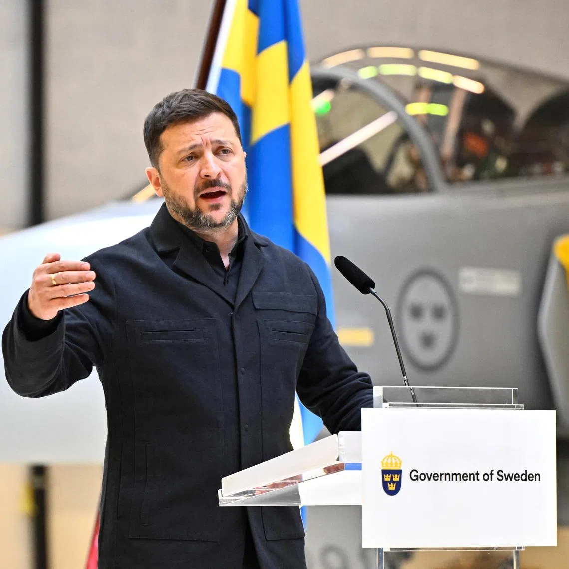 Ukrainian President Volodymyr Zelenskiy speaks during a joint press conference with Swedish Prime Minister Ulf Kristersson at the F16 air flotilla in Uppsala, Sweden, May 28, 2026. Christine Olsson/TT News Agency/via REUTERS