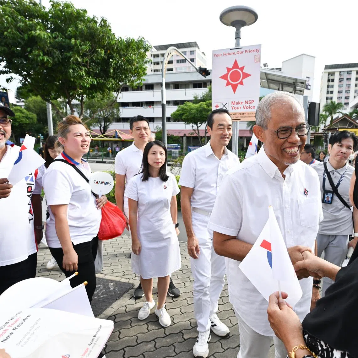 Social and Family Development Minister Masagos Zulkifli (right) and the PAP's Tampines GRC candidates doing their thank you walkabout on May 4.