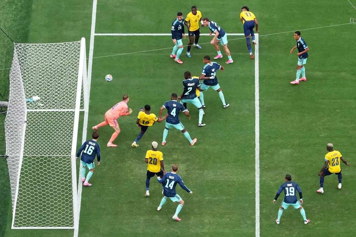 Ecuador’s Gonzalo Plata scores their second goal past Germany’s Manuel Neuer.