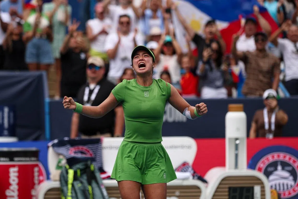 Alexandra Eala of the Philippines celebrating after beating Jessica Pegula of the United States to win the Washington Open on Aug 3.