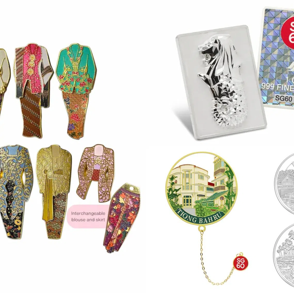 The SG60 collectibles are centred around three main themes: Singapore’s heritage districts, the Merlion and the kebaya.
