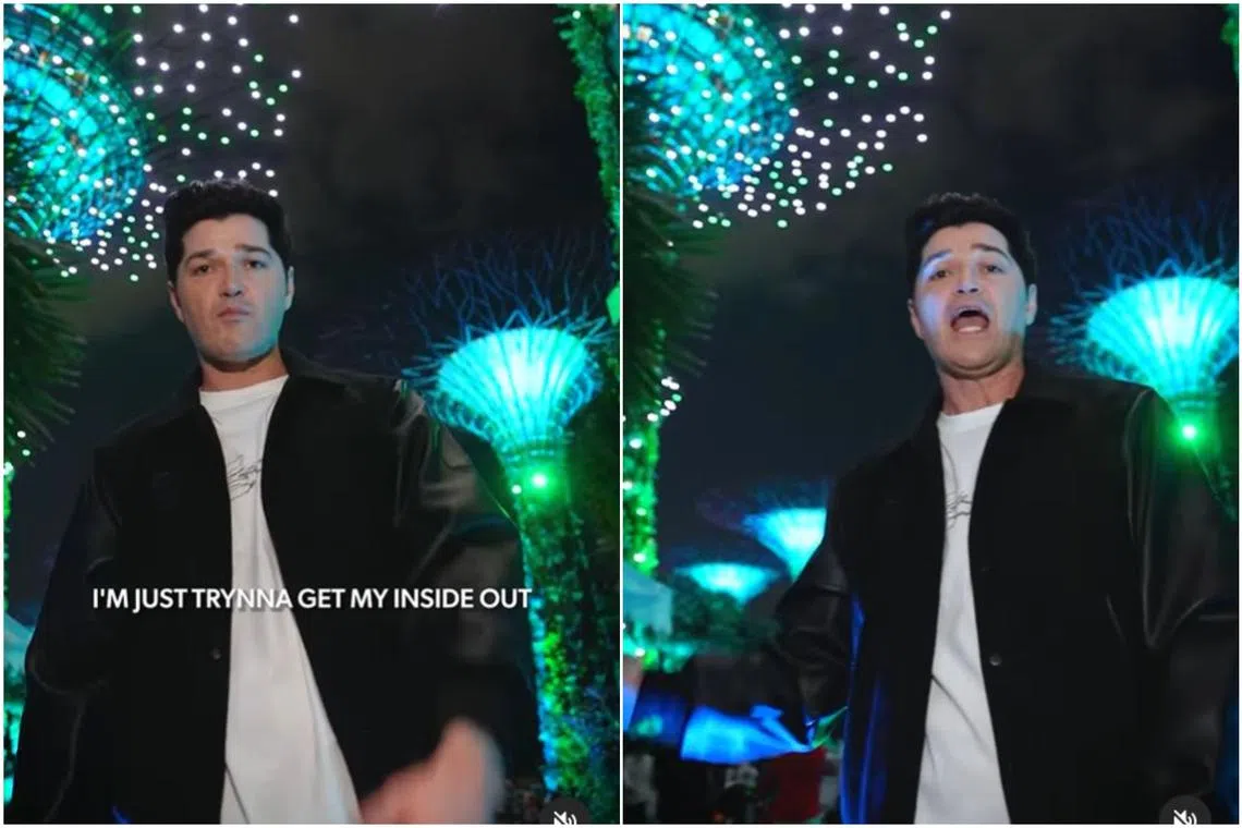 Pop-rock band The Script's frontman Danny O’Donoghue lip-syncs to the band’s song Inside Out at the Supertree Grove of Gardens by the Bay.