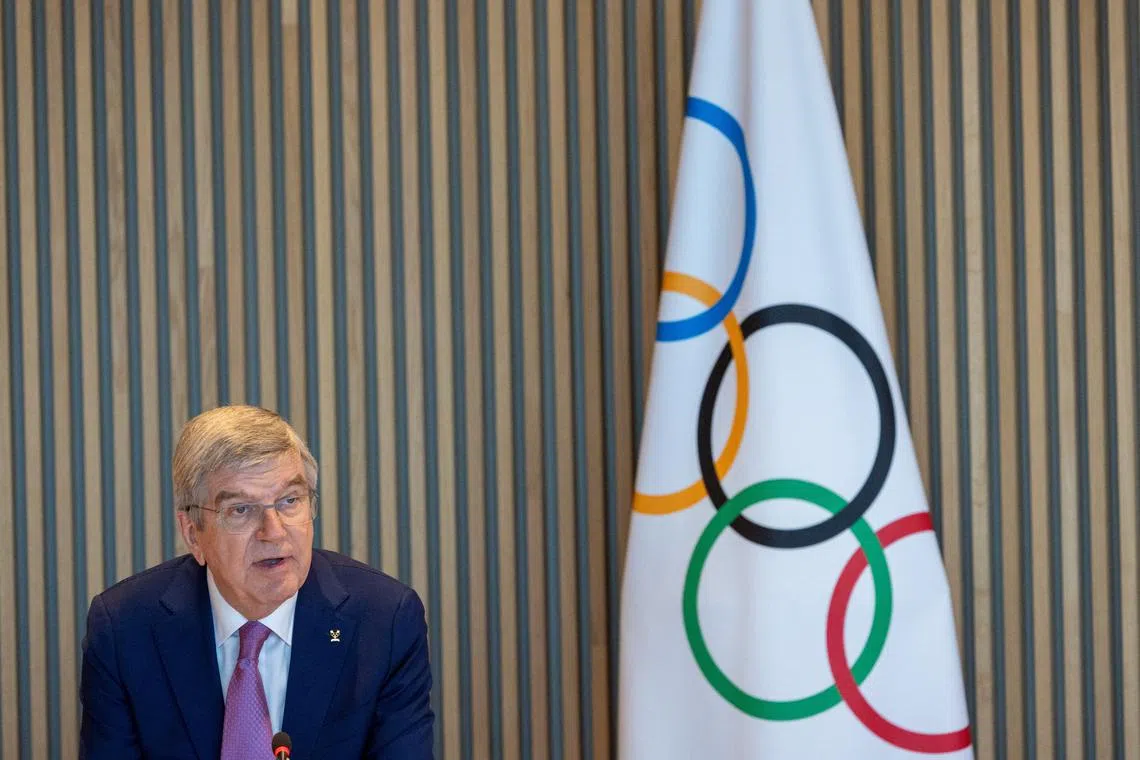 FILE PHOTO: International Olympic Committee (IOC) President Thomas Bach attends the opening of the Executive Board meeting at the Olympic House in Lausanne, Switzerland, March 19, 2024. REUTERS/Denis Balibouse/File Photo