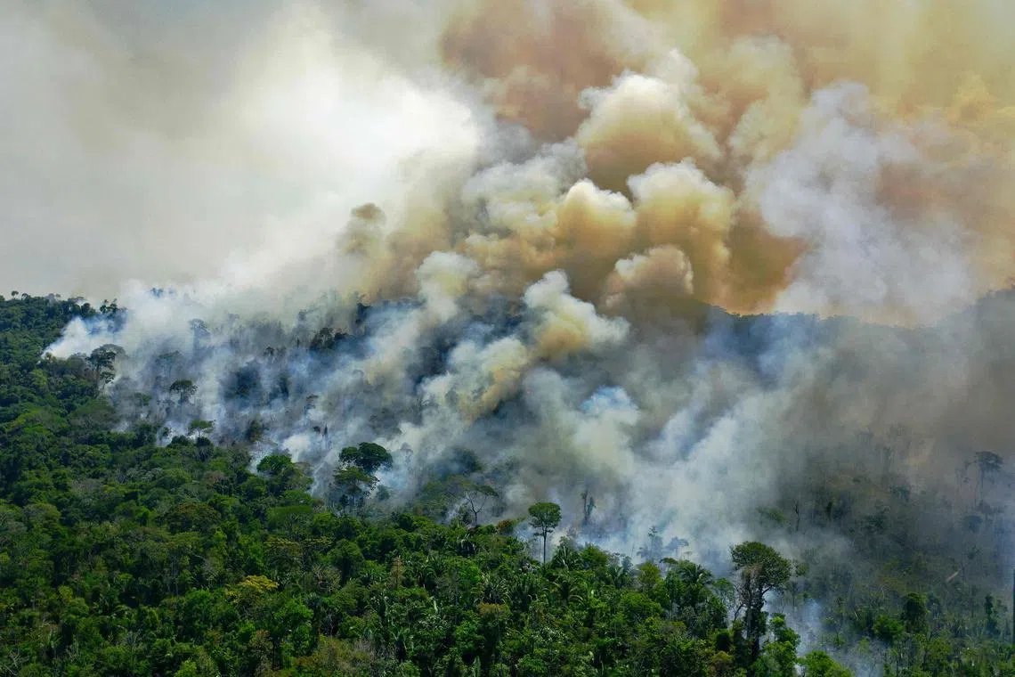 (FILES) Aerial view of a burning area of Amazon rainforest reserve, south of Novo Progresso in Para state, on August 16, 2020. Global temperatures "smashed" heat records last year, as heatwaves stalked oceans and glaciers suffered record ice loss, the United Nations said on March 19, 2024, warning 2024 was likely to be even hotter. The annual State of the Climate report by the UN's World Meteorological Organization confirmed preliminary data showing 2023 was by far the hottest year ever recorded. (Photo by CARL DE SOUZA / AFP)