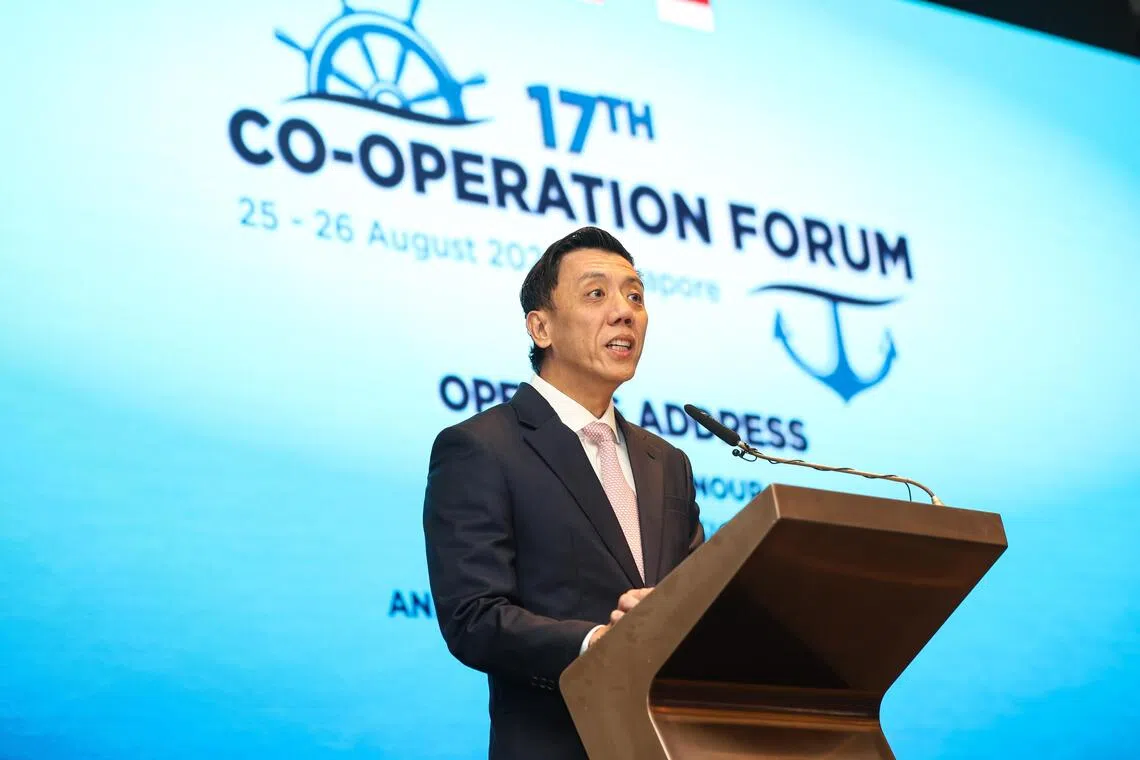 Transport Minister Jeffrey Siow speaking at the 17th Co-operation Forum at M Hotel on Aug 25.