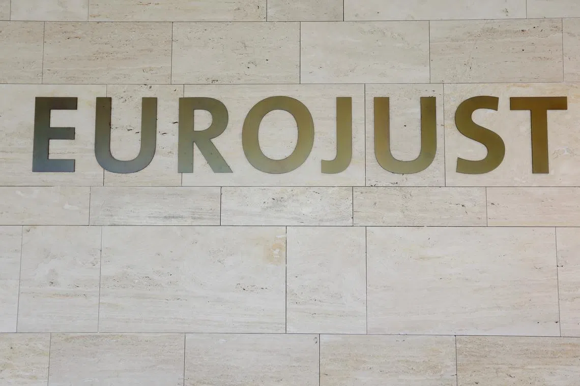 FILE PHOTO: The logo of the EU Agency for Criminal Justice Cooperation, Eurojust, is pictured on its headquarters ahead of a news conference on alleged war crimes, amid Russia's invasion of Ukraine, in The Hague, Netherlands May 31, 2022. REUTERS/Eva Plevier/File Photo