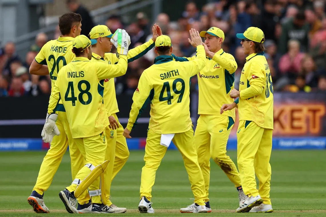 FILE PHOTO: Cricket - Fifth One Day International - England v Australia - Bristol County Ground, Bristol, Britain - September 29, 2024 Australia's Marnus Labuschagne celebrates with teammates after taking a catch to dismiss England's Phil Salt off the bowling of Australia's Aaron Hardie Action Images via Reuters/Matthew Childs/File Photo