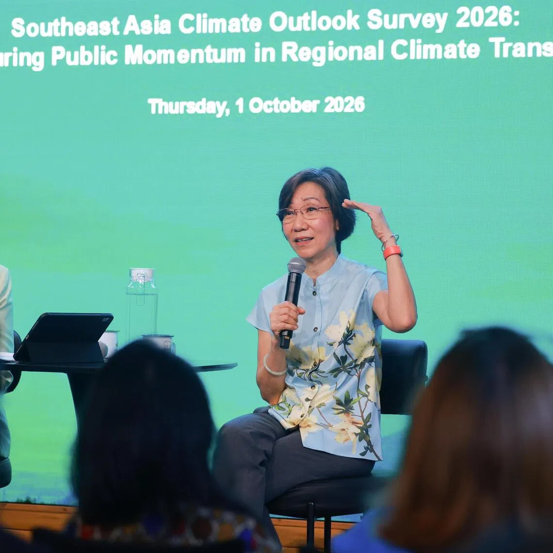 Minister for Sustainability and the Environment Grace Fu speaking during a fireside chat at the launch of the Southeast Asia Climate Outlook Survey 2026 on Oct 1.