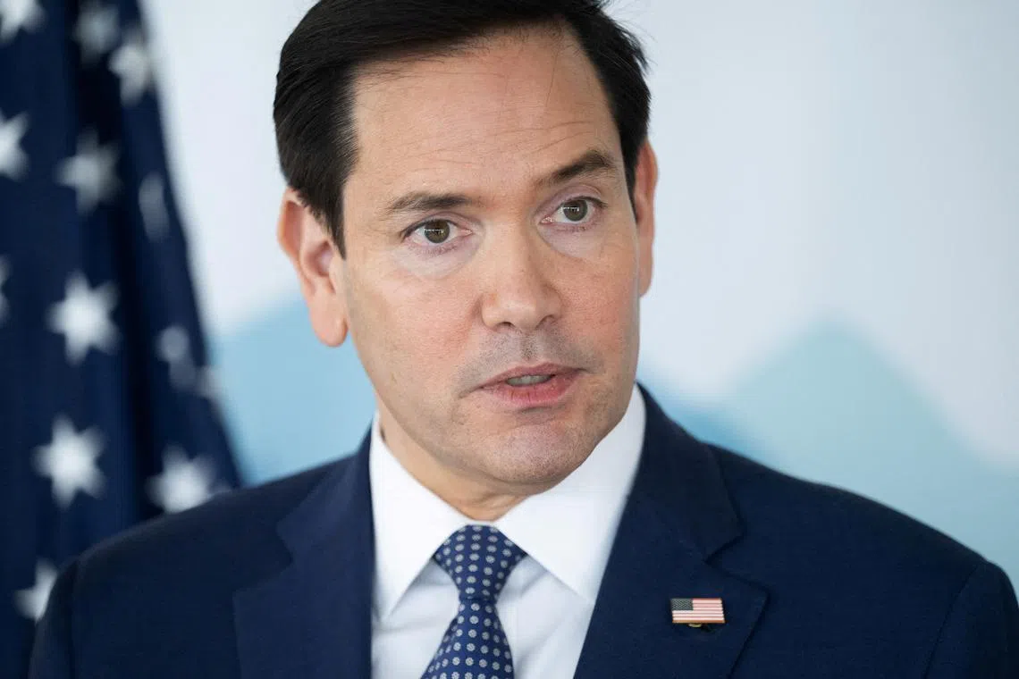 FILE PHOTO: U.S. Secretary of State Marco Rubio speaks with reporters following the G7 foreign ministers meeting in La Malbaie, Quebec, Canada March 14, 2025. SAUL LOEB/Pool via REUTERS/File Photo