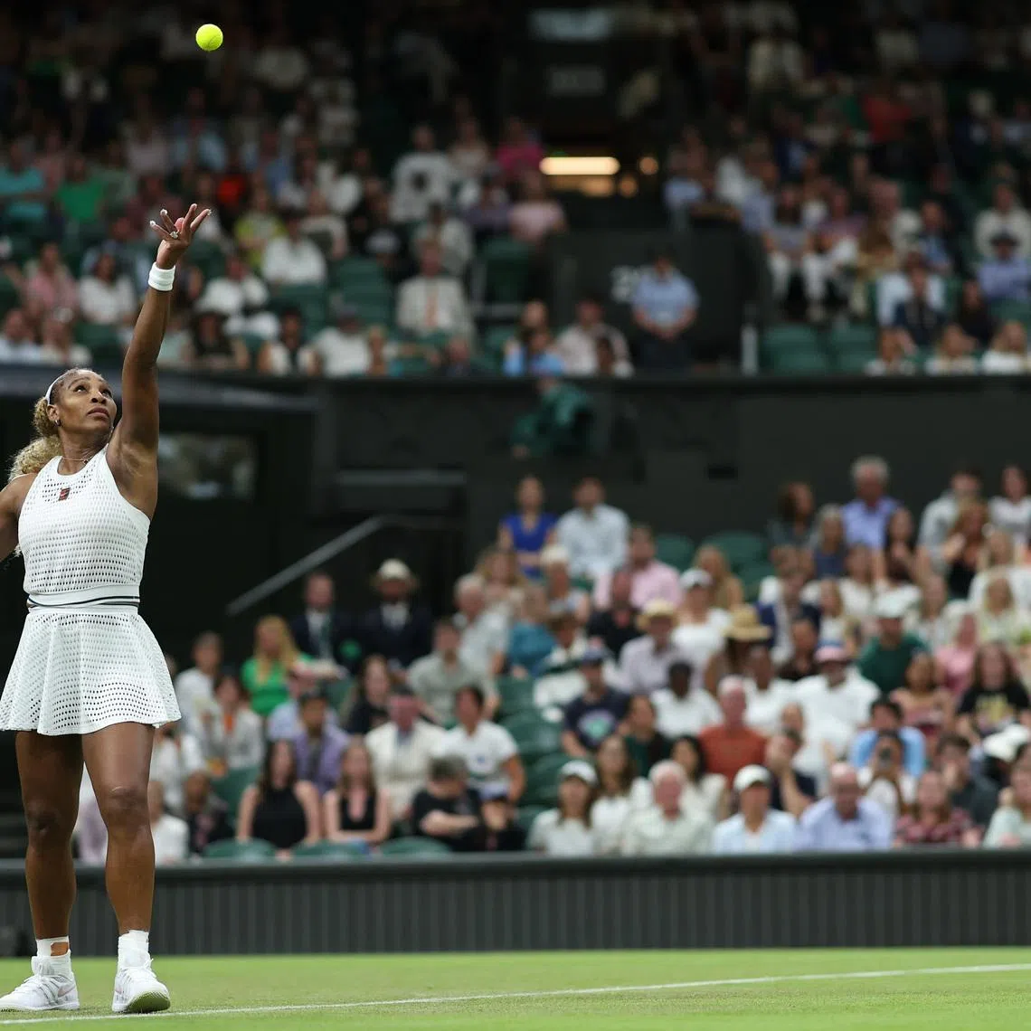 Jun 30, 2026; London, United Kingdom; Serena Williams (USA) serves against Maya Joint (AUS) (not pictured) on day two of The Championships Wimbledon 2026 at All England Lawn Tennis and Croquet Club. Mandatory Credit: Geoff Burke-Imagn Images