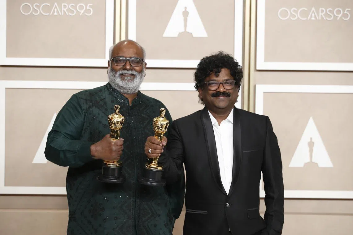M. M. Keeravani (left) and Chandrabose (right), winners of the Best Original Song award for Telugu-language film, 'RRR'.