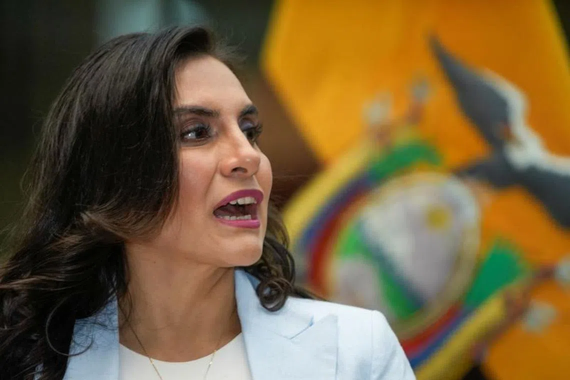 Ecuador's Vice President Veronica Abad speaks during a press conference, after publicly disagreeing with President Daniel Noboa, about her being assigned to support peace efforts in Israel, in Quito, Ecuador November 28, 2023. REUTERS/Cristina Vega