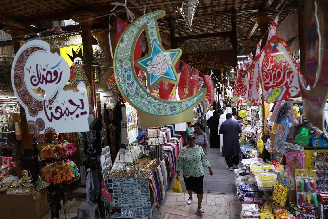 Traditional Ramadan decorations hang in Dubai's old souk (market) in preparation for the Muslim holy month, on March 21, 2023.