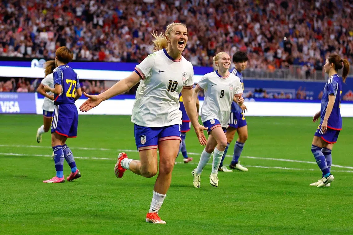 Lindsey Horan of the United States reacting after scoring the winner from the penalty spot during a 2-1 comeback victory over Japan on April 6 in front of a record crowd in Atlanta in the SheBelieves Cup.