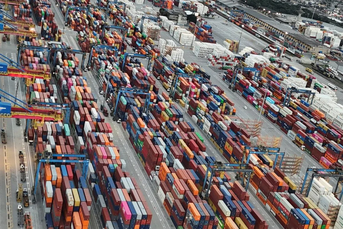 FILE PHOTO: A drone view shows the port of Santos in Brazil, July 31, 2025. REUTERS/Jorge Silva/File Photo