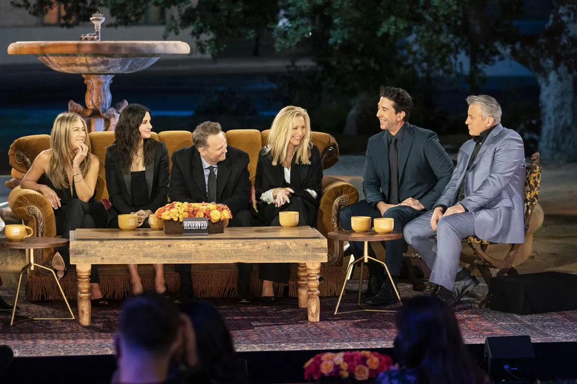 A television still of Friends: The Reunion starring (from left) Jennifer Aniston, Courteney Cox, Matthew Perry, Lisa Kudrow, David Schwimmer and Matt LeBlanc, in 2021.