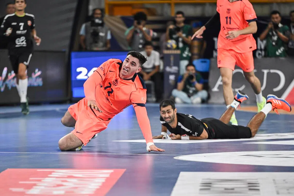 Ludovic Fabregas of Barcelona taking a shot in the IHF Men's Handball Club World Championship semi-final against Al Ahly in New Administrative Capital, Egypt on Sept  30, 2025.