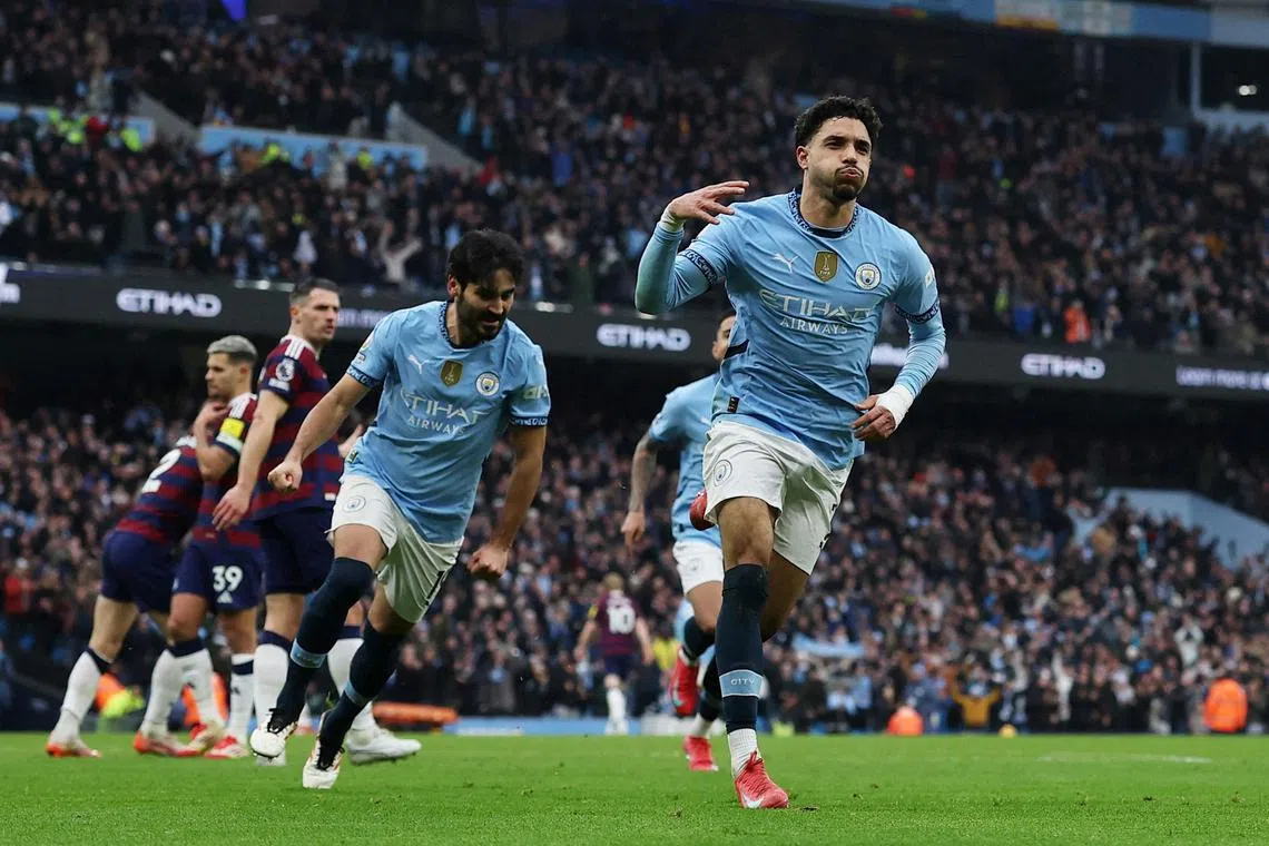 Manchester City's Omar Marmoush celebrates scoring their second goal in the 4-0 Premier League win over Newcastle United.