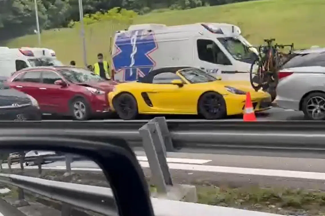 The police said they were alerted to the accident involving six cars and a taxi on PIE, towards Jurong, at about 2pm.