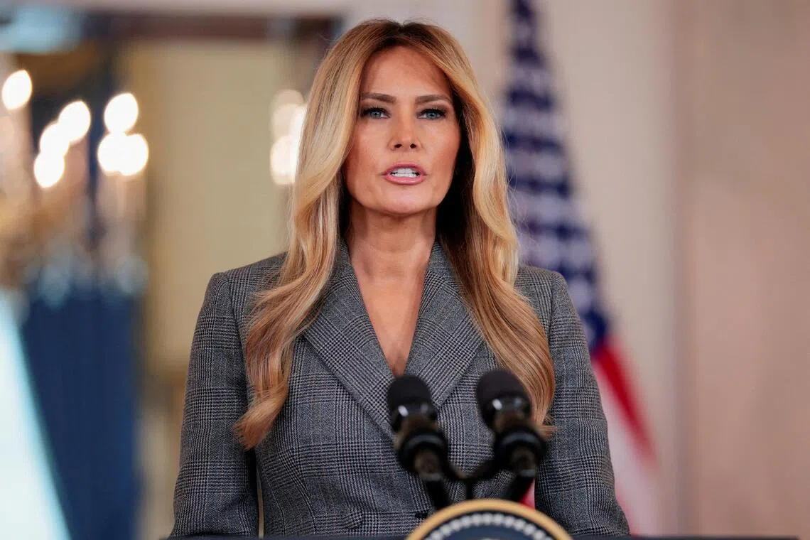 US First Lady Melania Trump delivering remarks regarding the late financier and convicted sex offender Jeffrey Epstein, at the White House in Washington, on April 9.
