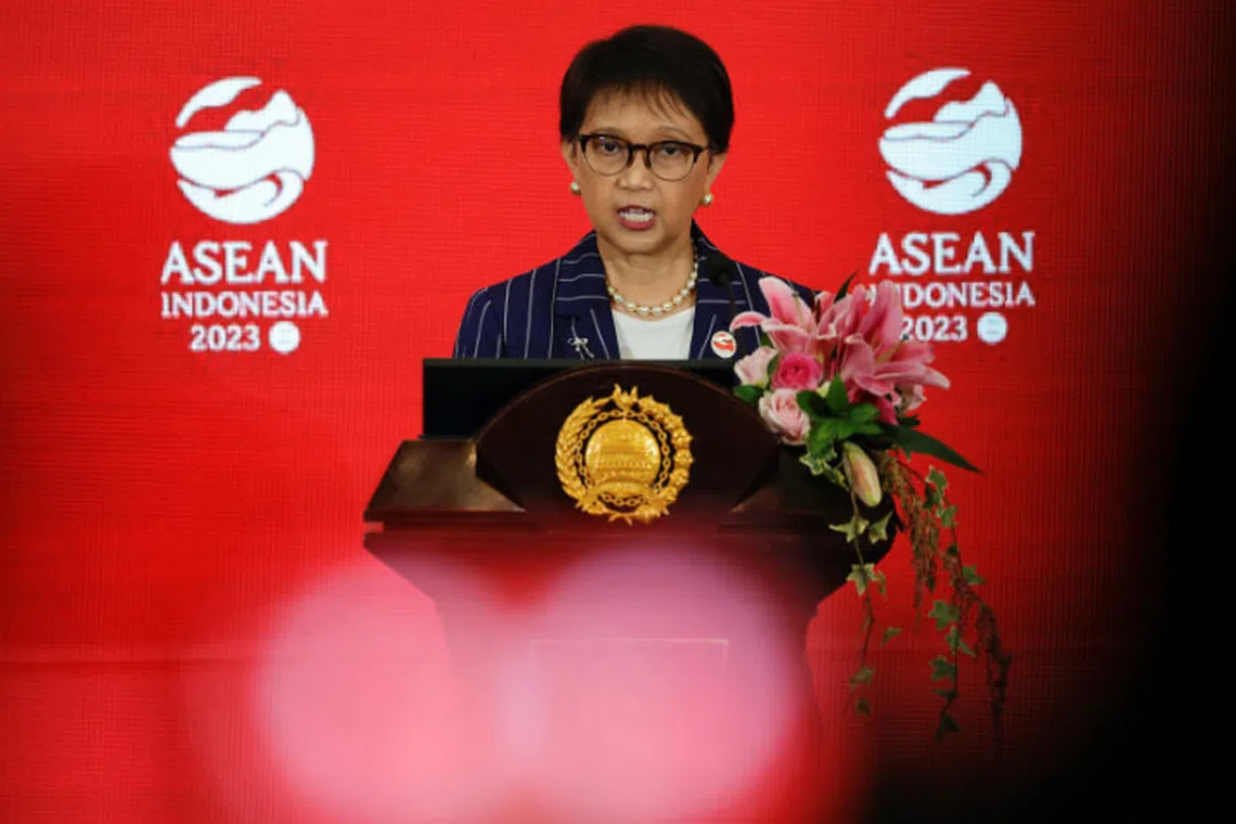 Indonesia's Foreign Minister Retno speaking at a news conference following the 32nd Asean Coordinating Council Meeting in Jakarta.