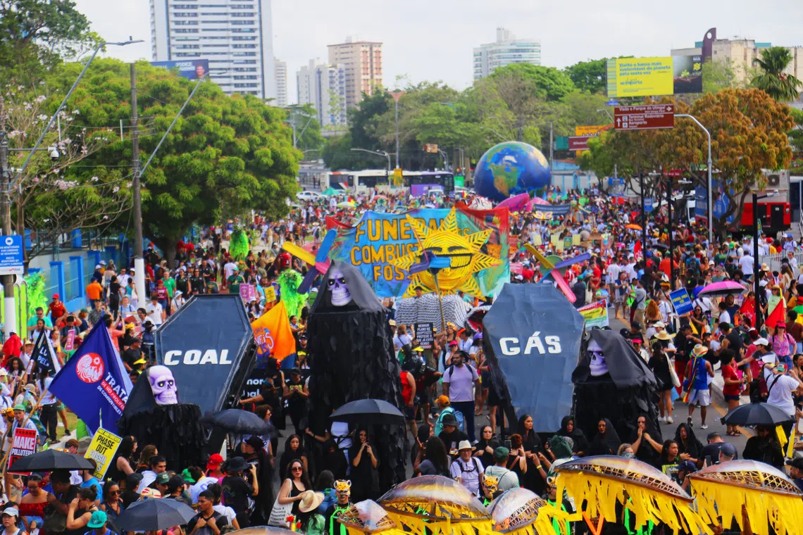 The Fossil Fuels Funeral procession in Belem on Nov 15 where indigenous leaders demanded an end to fossil fuels.