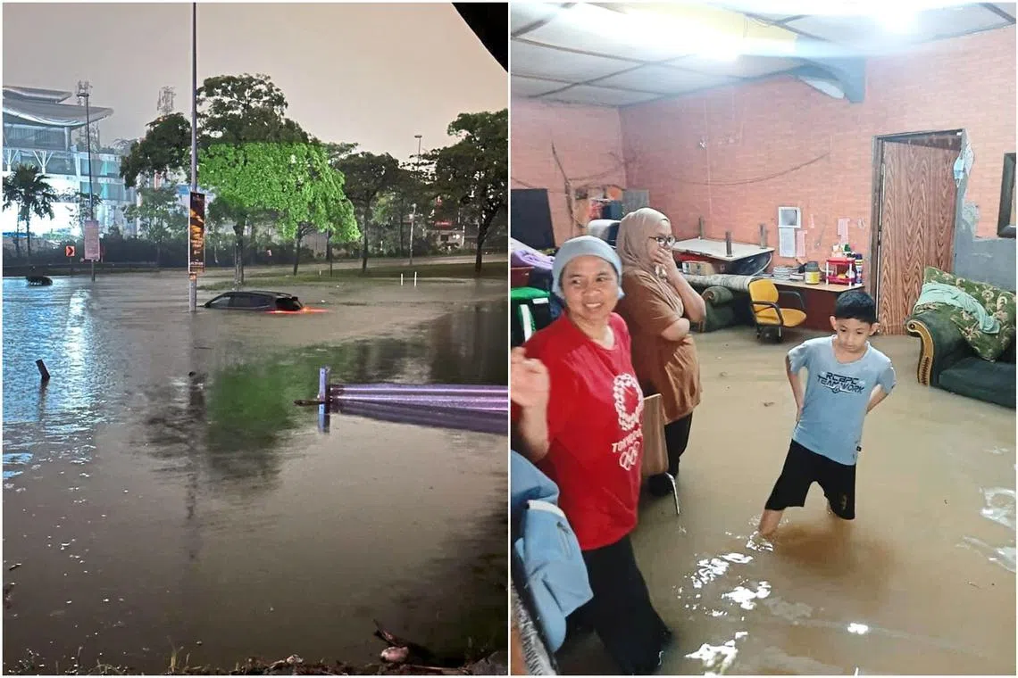 The downpour had caused the water catchment ponds in Bandar Bukit Raja to overflow. 