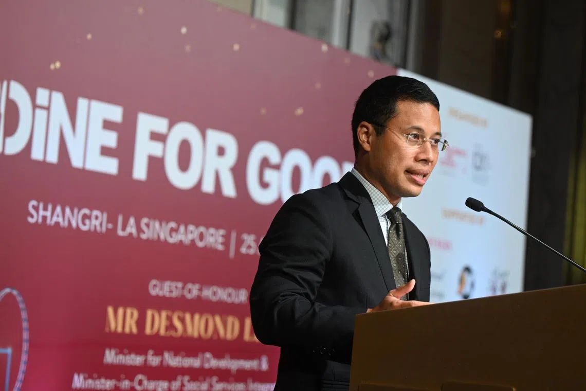 Minister for National Development Desmond Lee gives an opening speech at the charity gala dinner Dine for Good by Children’s Aid Society on Friday.