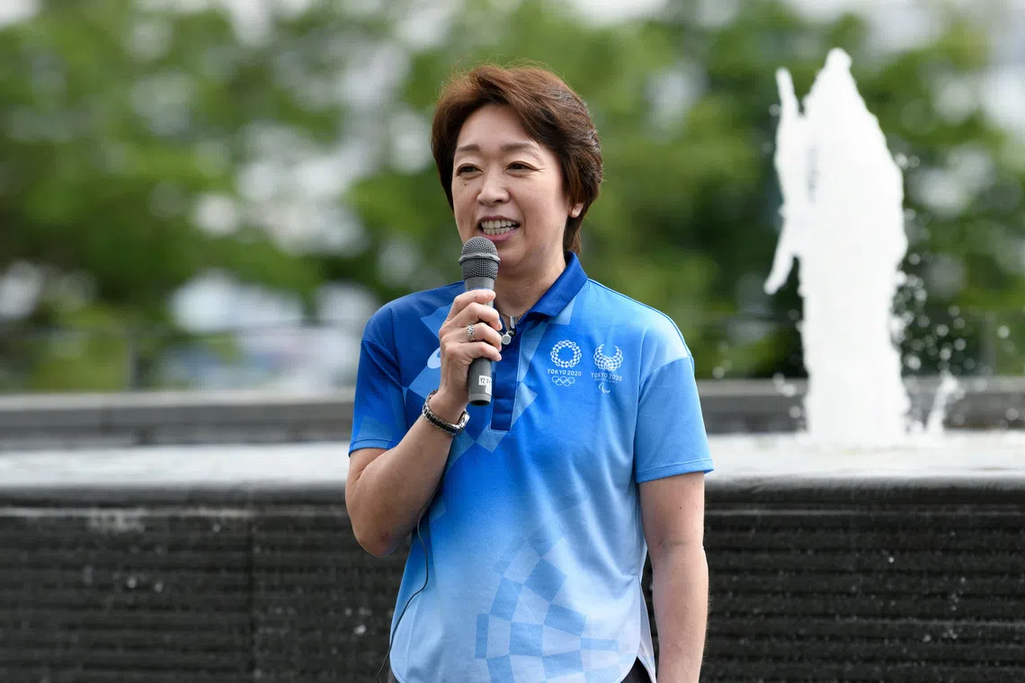 FILE PHOTO: Tokyo Olympics Organising Committee president Seiko Hashimoto speaks during a media tour at the Olympic and Paralympic Village for the Tokyo 2020 Games, constructed in the Harumi waterfront district of Tokyo, Japan, June 20, 2021. Akio Kon/Pool via REUTERS/File photo