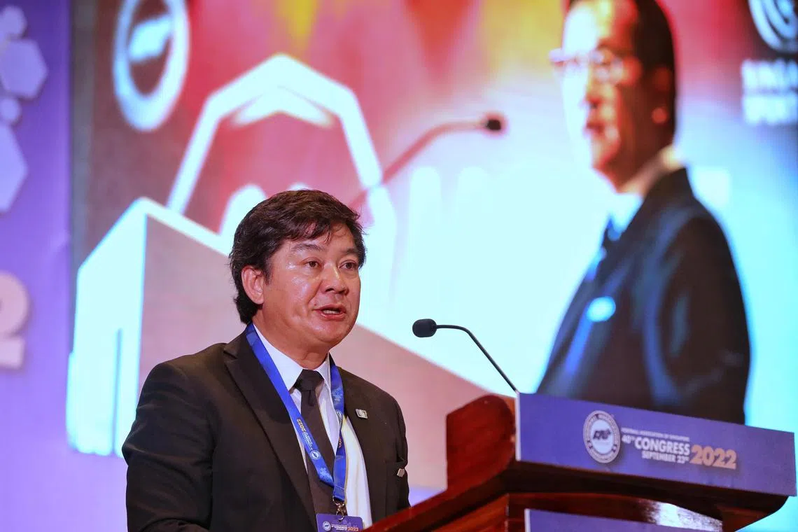 Acting FAS President Bernard Tan speaking during the 40th Football Association of Singapore (FAS) annual congress at Raffles Town Club on Sep 23, 2022. 