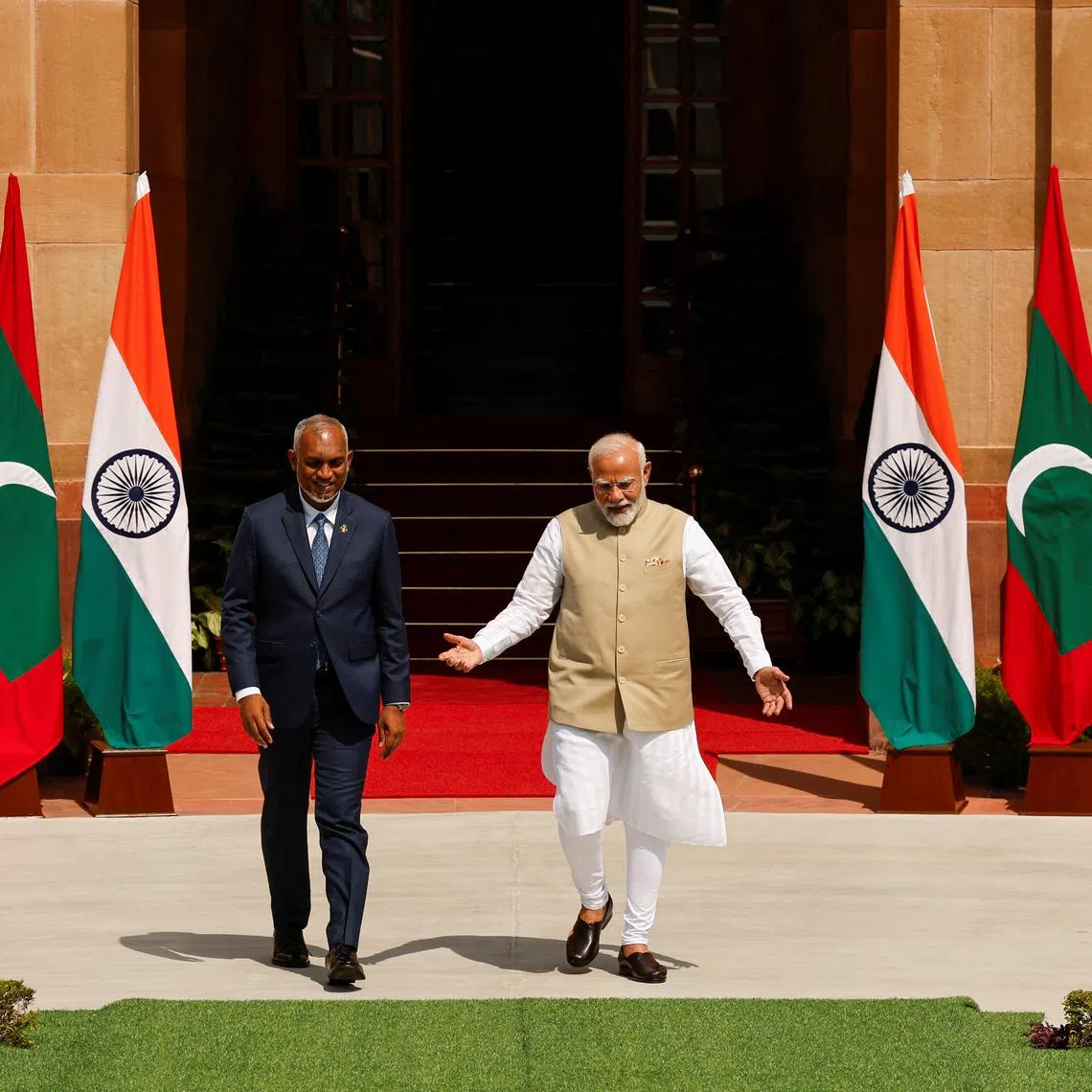 Maldives' President Mohamed Muizzu meets with Indian Prime Minister Narendra Modi at Hyderabad House, New Delhi, India, October 7, 2024. REUTERS/Adnan Abidi