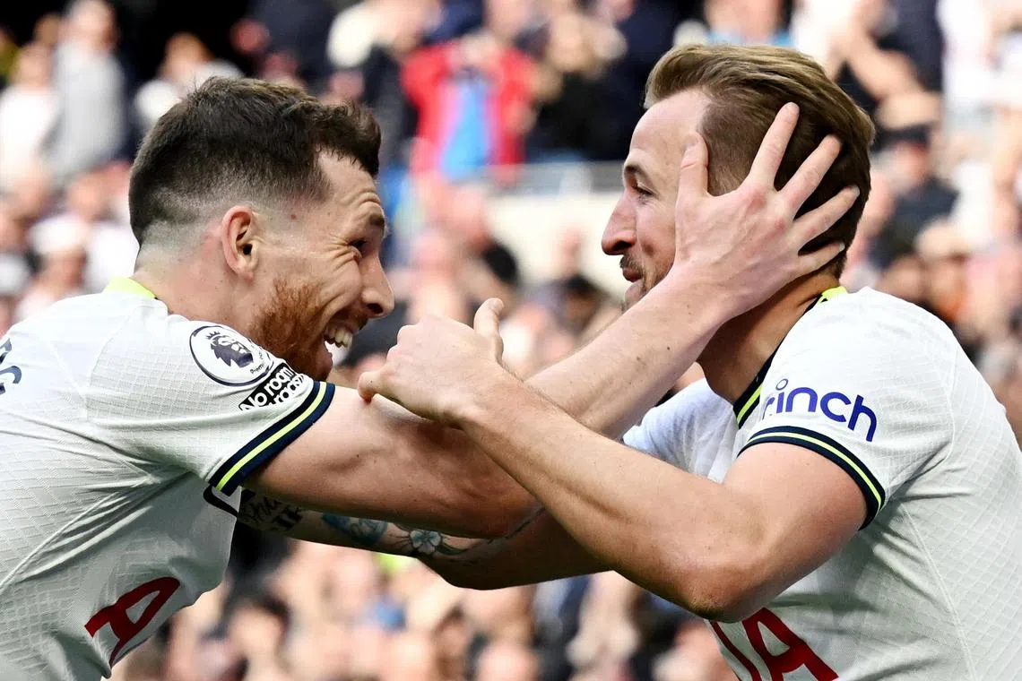 Tottenham Hotspur's Harry Kane celebrates scoring their second goal with Pierre-Emile Hojbjerg.