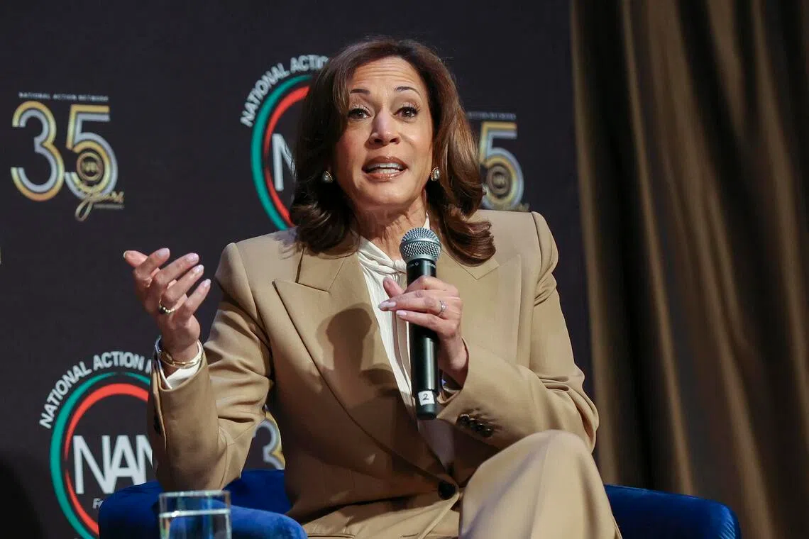Former US vice-president Kamala Harris speaking at the National Action Network 2026 convention in New York, on April 10.