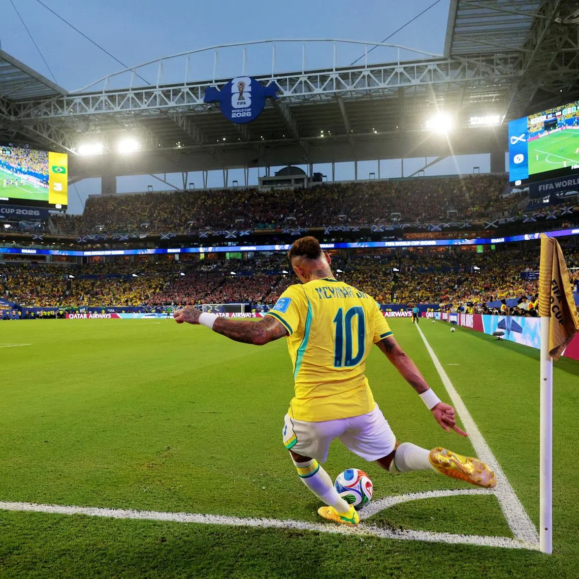 Soccer Football - FIFA World Cup 2026 - Group C - Scotland v Brazil - Miami Stadium, Miami Gardens, Florida, U.S. - June 24, 2026 Brazil's Neymar Jr. takes a corner kick IMAGN IMAGES via Reuters/Sam Navarro