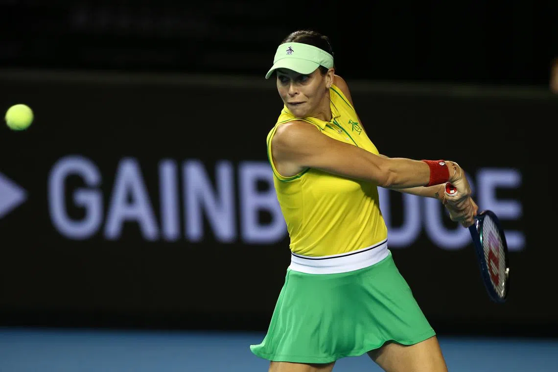 Australia's Ajla Tomljanovic in action against Elise Mertens of Belgium during the group-stage match at the Billie Jean King Cup Finals in Glasgow on Nov 10.