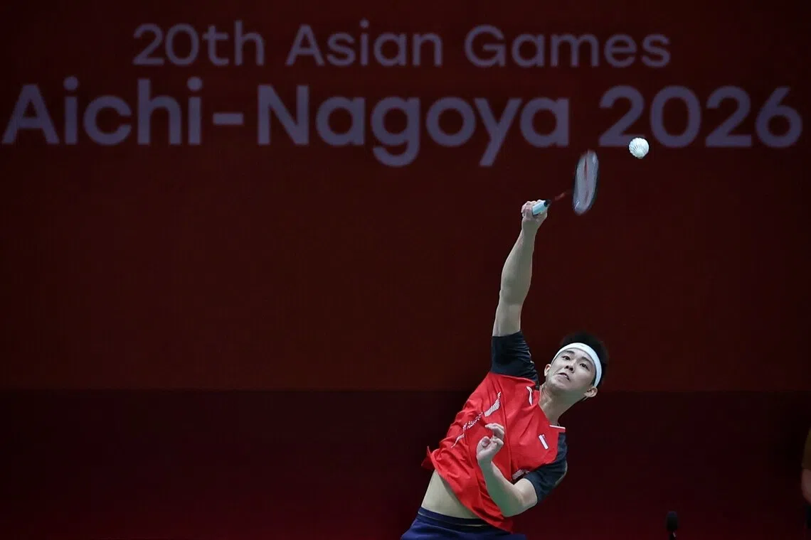 Loh Kean Yew of Singapore in action against Sen Lakshya of India during the Aichi-Nagoya 2026 Asian Games badminton men’s single round of 32 match on Sept 26.
