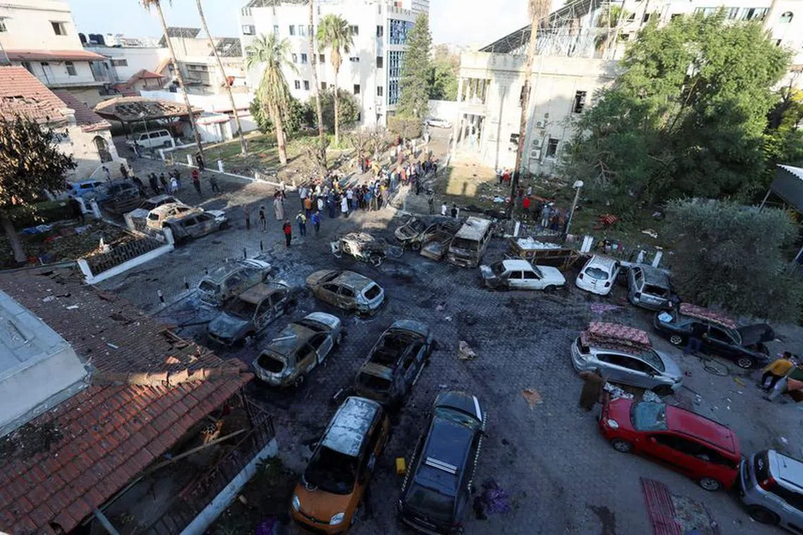 FILE PHOTO: A view shows an area of Al-Ahli hospital where hundreds of Palestinians were killed in a blast that Israeli and Palestinian officials blamed on each other, and where Palestinians who fled their homes were sheltering amid the ongoing conflict with Israel,  in Gaza City, October 18, 2023.  REUTERS/Mohammed Al-Masri/File Photo