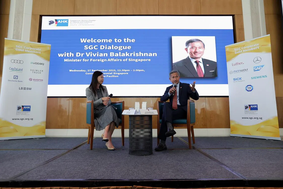 Foreign Minister Vivian Balakrishnan (right) and Singaporean-German Chamber of Industry and Commerce's president Shirley Qi at the SGC Dialogue on Wednesday.