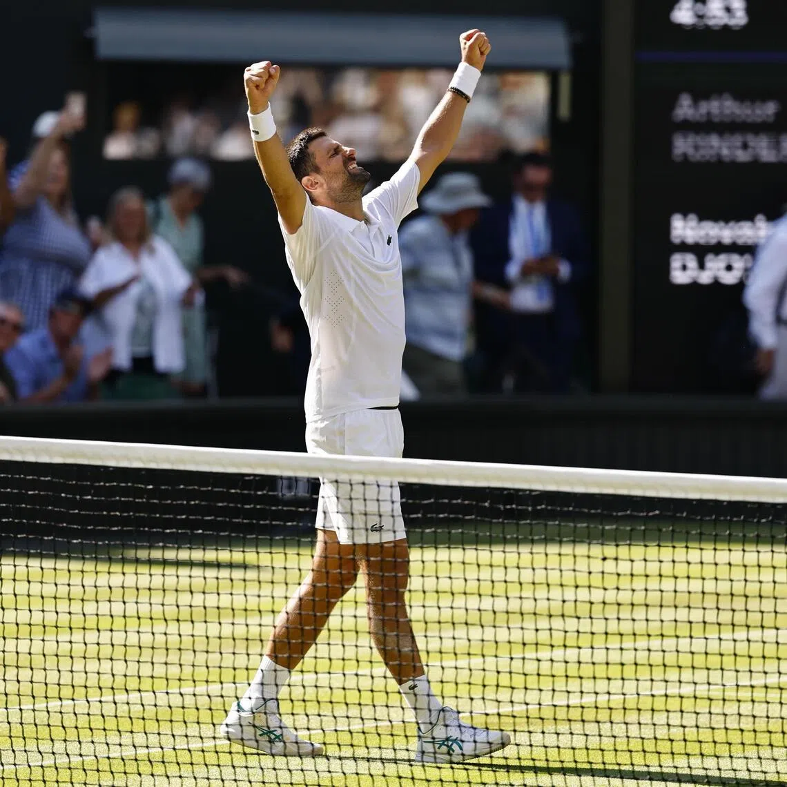 epa13083507 Novak Djokovic of Serbia celebrates after winning his Men's Singles third round match against Arthur Rinderknech of France at the Wimbledon Championships in London, Britain, 03 July 2026.  EPA/TOLGA AKMEN
