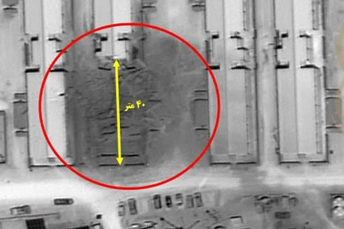 Satellite imagery released by Iran shows damage to a structure at Tower 22, a US military outpost on the northern Jordanian border with Syria.—