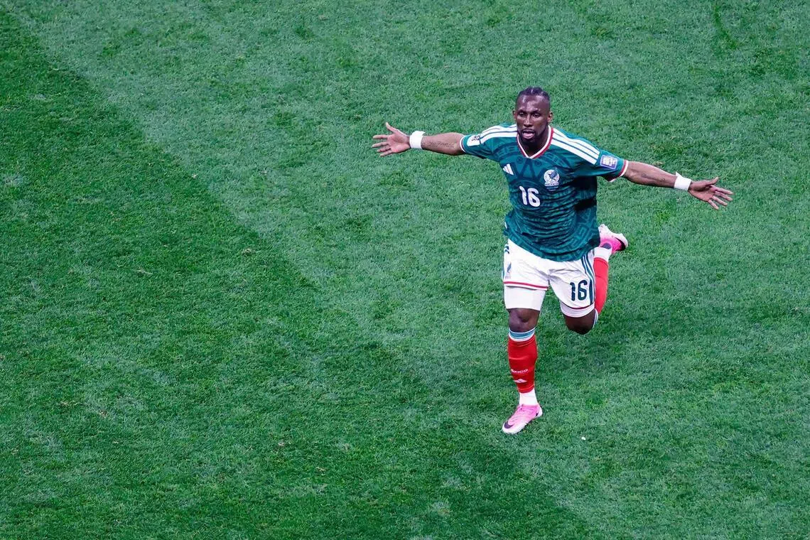 Mexico forward Julian Quinones celebrates after scoring his team’s first goal during the World Cup round of 32 match against Ecuador. Mexico won 2-0.