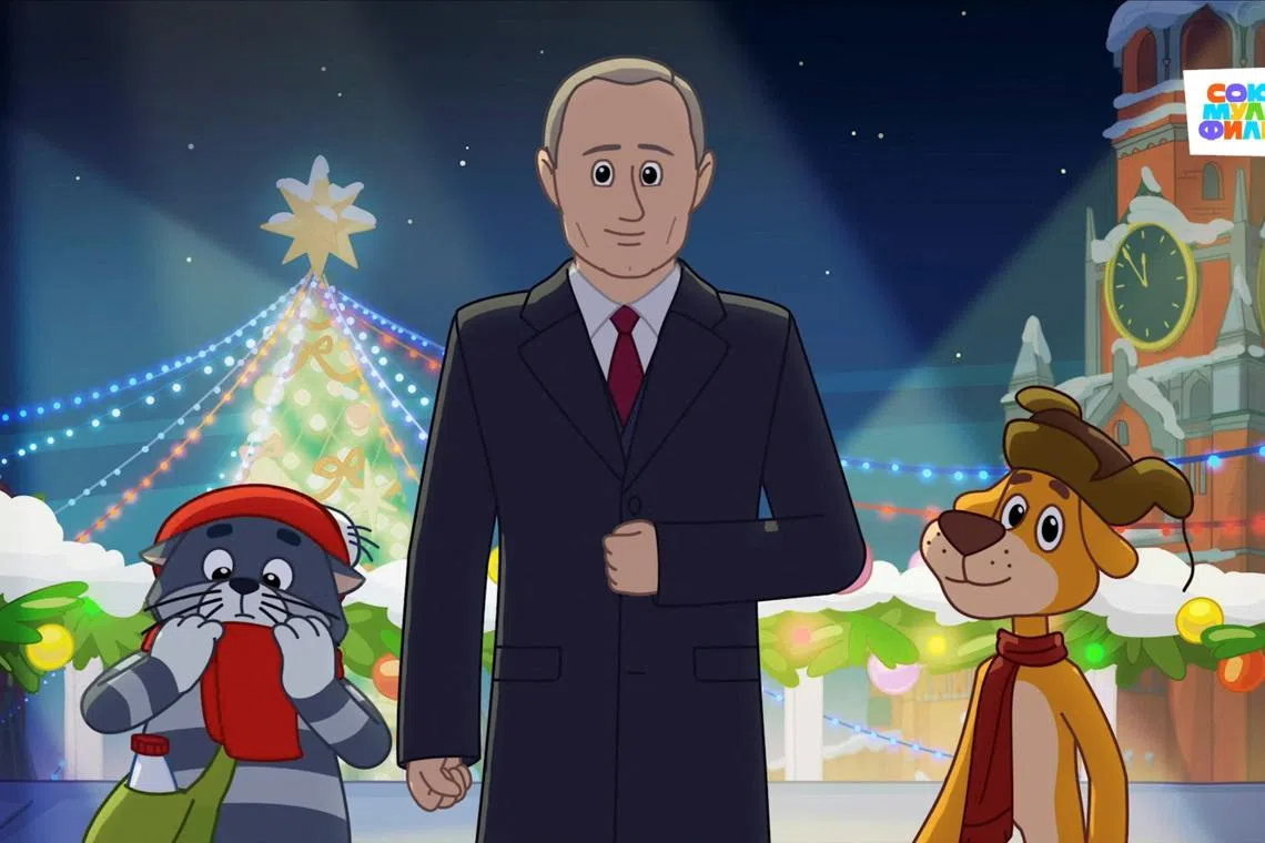 Residents of Prostokvashino are stunned when the animated version of Putin, flanked by Sharik the dog and Matroskin the cat, greets Russians at the turn of the year.
