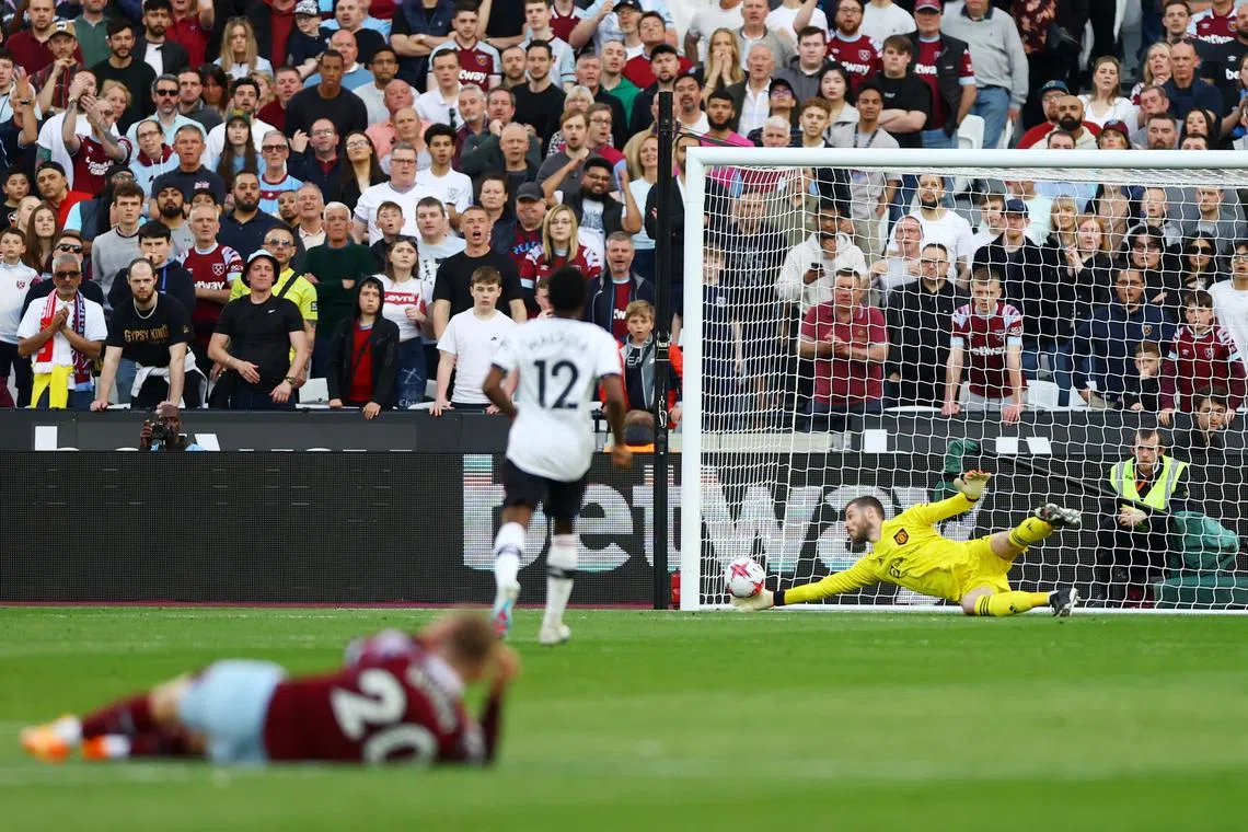 West Ham United's Said Benrahma scores their first goal past Manchester United's David de Gea.