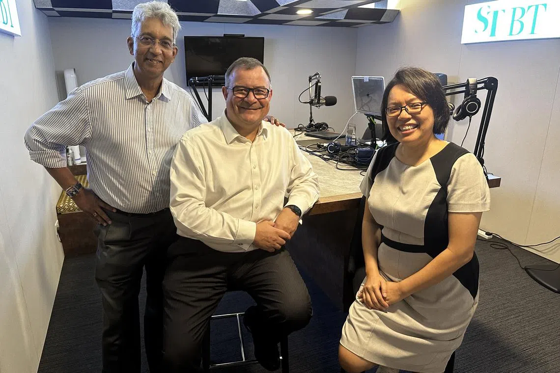 ST senior columnists Ven Sreenivasan (left) and Lee Su Shyan (right) speaks with Mr Adam Reynolds (centre), Asia-Pacific CEO of Saxo on US tech stocks.