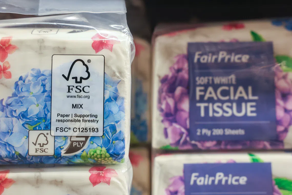 The Forest Stewardship Council label seen on a pack of tissue paper at a Fairprice outlet.